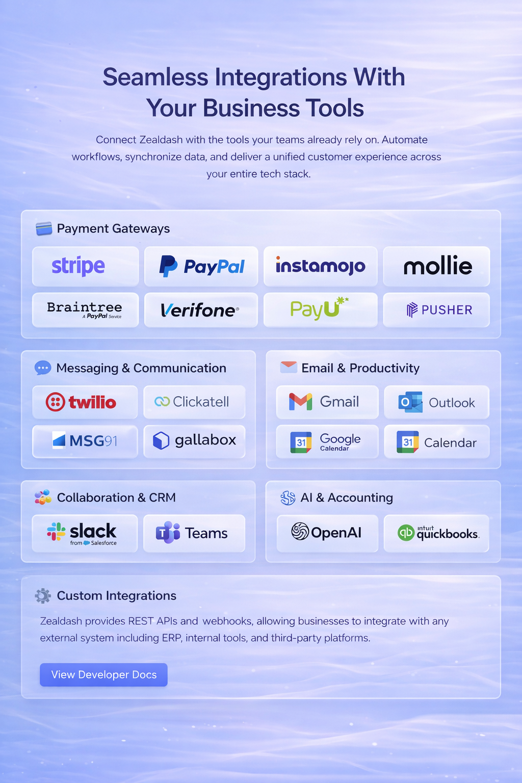 Zealdash integrations and developer documentation